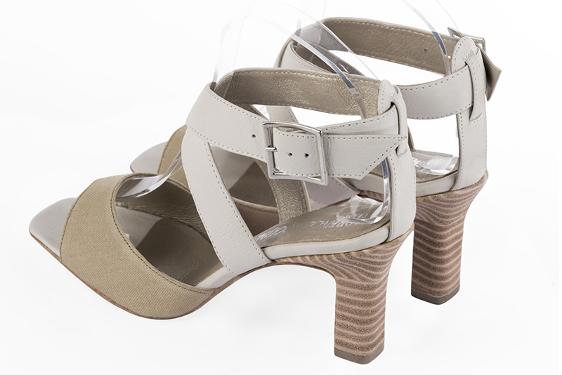 Off white and tan beige women's open back sandals, with crossed straps. Square toe. High kitten heels. Rear view - Florence KOOIJMAN